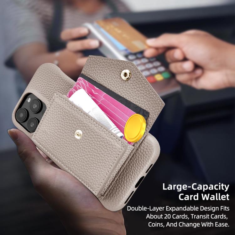 For iPhone 15 Pro Litchi Texture Horizontal Card Bag Holder Phone Case with Long Lanyard