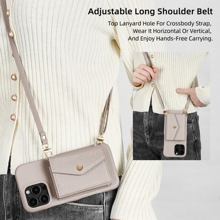 For iPhone 15 Pro Litchi Texture Horizontal Card Bag Holder Phone Case with Long Lanyard