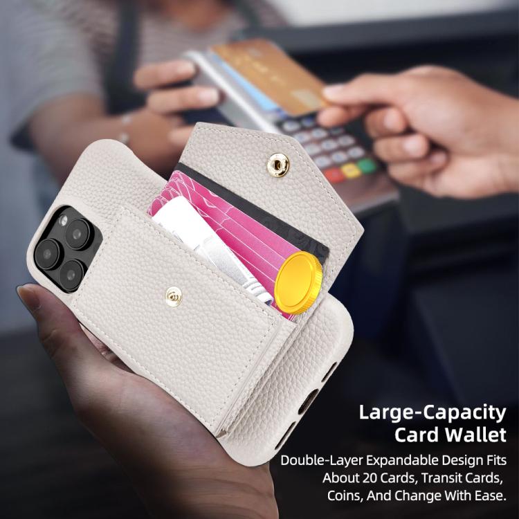 For iPhone 15 Pro Litchi Texture Horizontal Card Bag Holder Phone Case with Long Lanyard