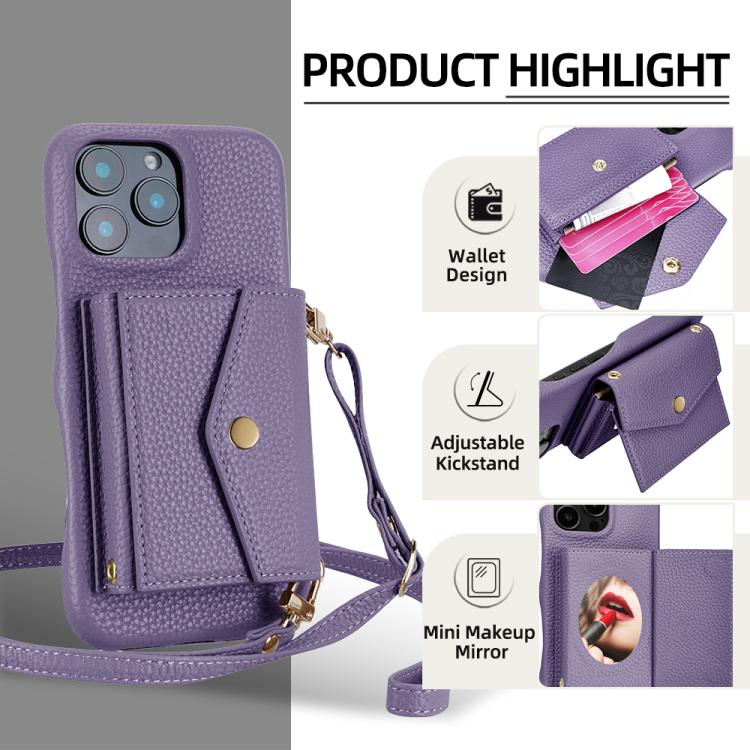 For iPhone 15 Plus Litchi Texture Horizontal Card Bag Holder Phone Case with Long Lanyard