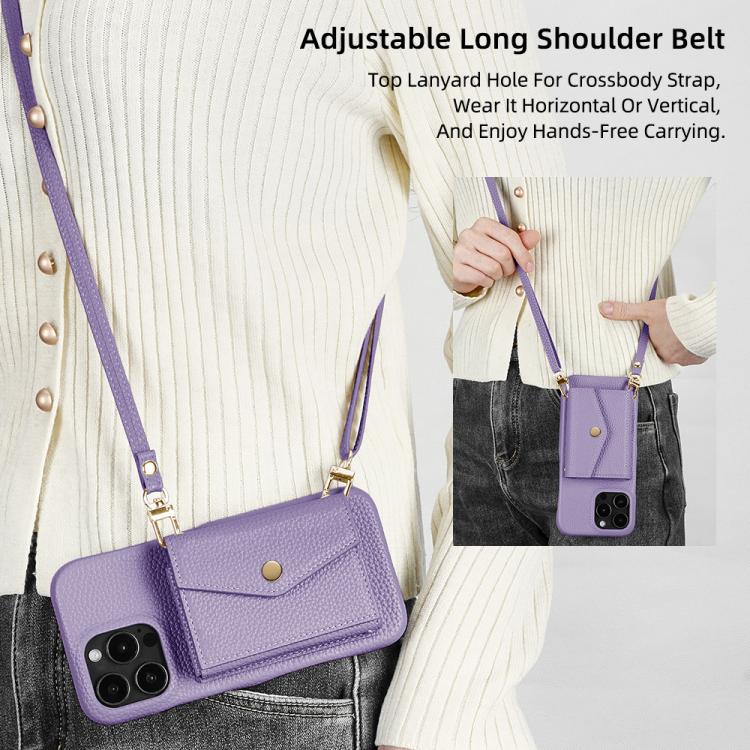 For iPhone 15 Plus Litchi Texture Horizontal Card Bag Holder Phone Case with Long Lanyard