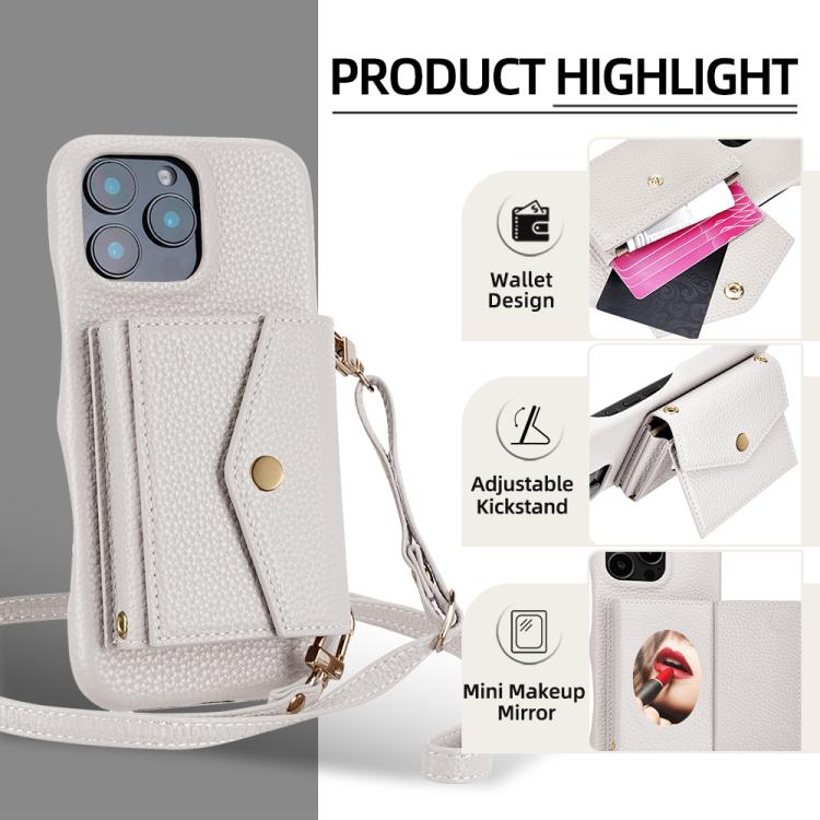 For iPhone 15 Plus Litchi Texture Horizontal Card Bag Holder Phone Case with Long Lanyard