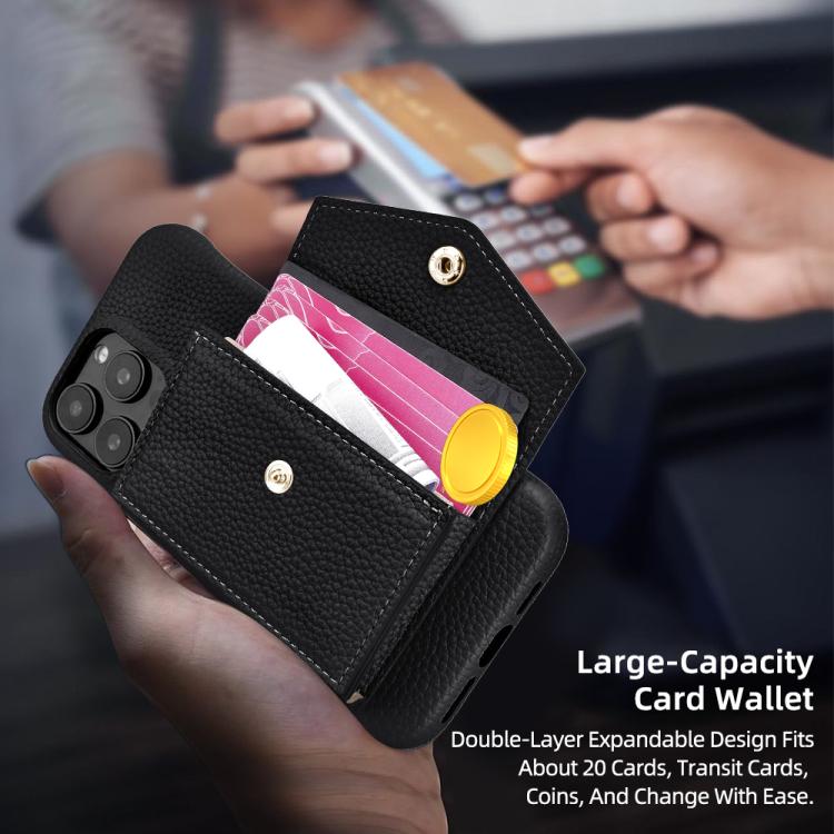 For iPhone 15 Litchi Texture Horizontal Card Bag Holder Phone Case with Long Lanyard