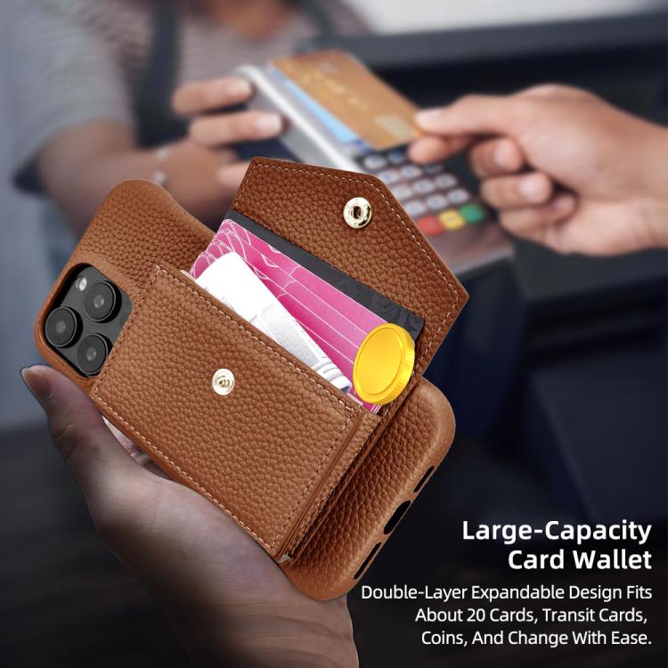 For iPhone 15 Litchi Texture Horizontal Card Bag Holder Phone Case with Long Lanyard