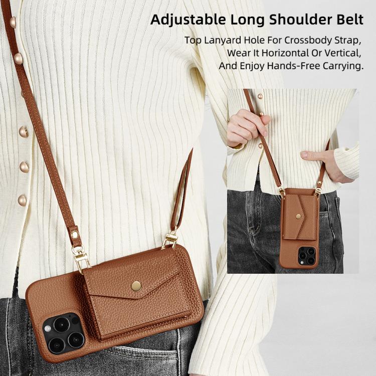 For iPhone 15 Litchi Texture Horizontal Card Bag Holder Phone Case with Long Lanyard