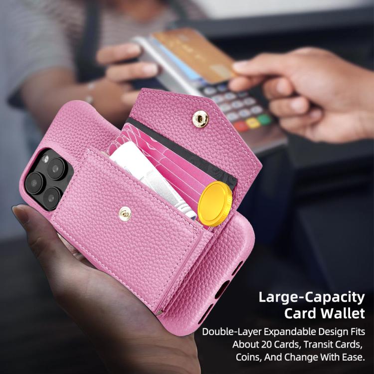 For iPhone 15 Litchi Texture Horizontal Card Bag Holder Phone Case with Long Lanyard