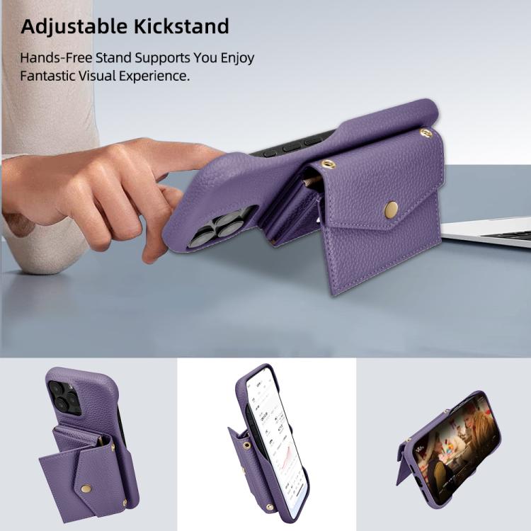 For iPhone 15 Litchi Texture Horizontal Card Bag Holder Phone Case with Long Lanyard