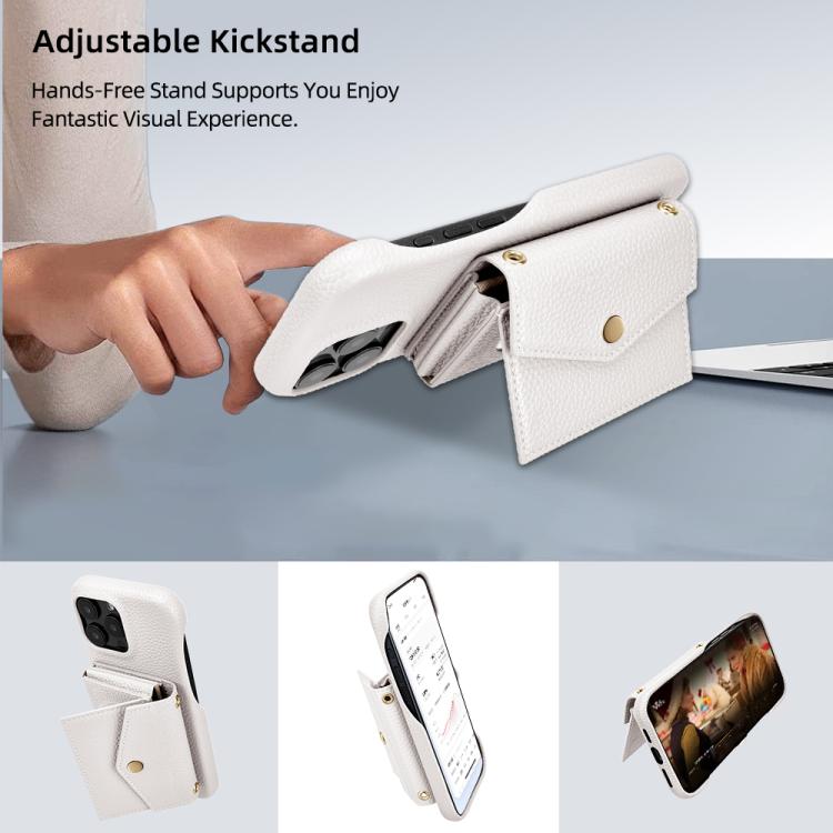 For iPhone 15 Litchi Texture Horizontal Card Bag Holder Phone Case with Long Lanyard