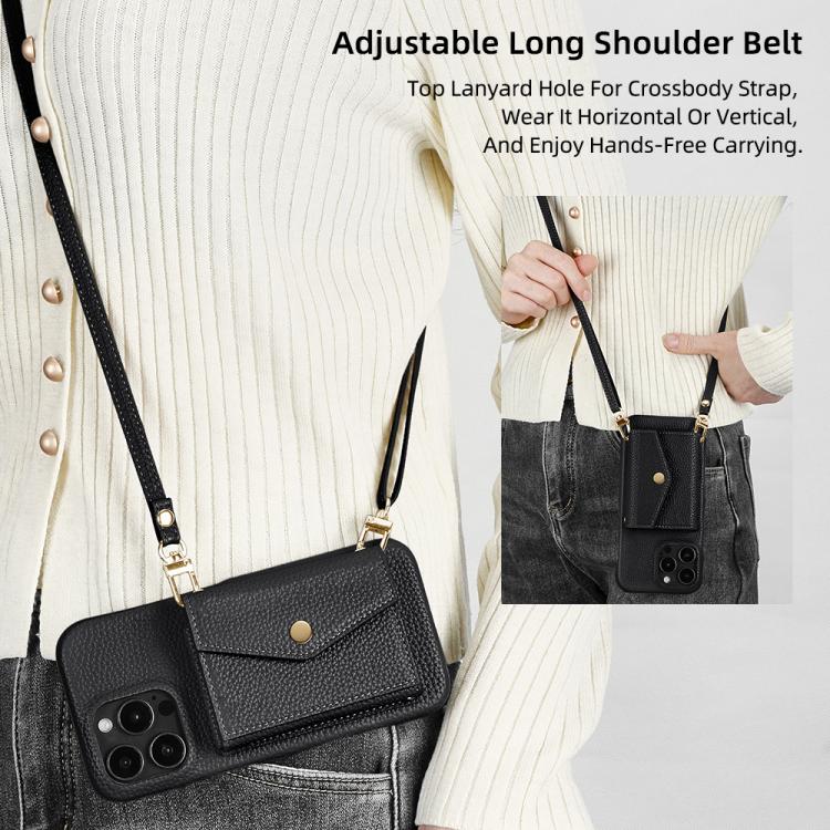 For iPhone 14 Plus Litchi Texture Horizontal Card Bag Holder Phone Case with Long Lanyard