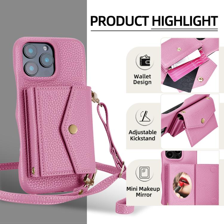 For iPhone 14 Plus Litchi Texture Horizontal Card Bag Holder Phone Case with Long Lanyard