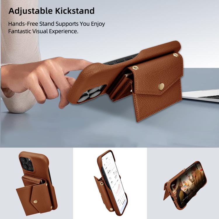 For iPhone 12 Pro Max Litchi Texture Horizontal Card Bag Holder Phone Case with Long Lanyard