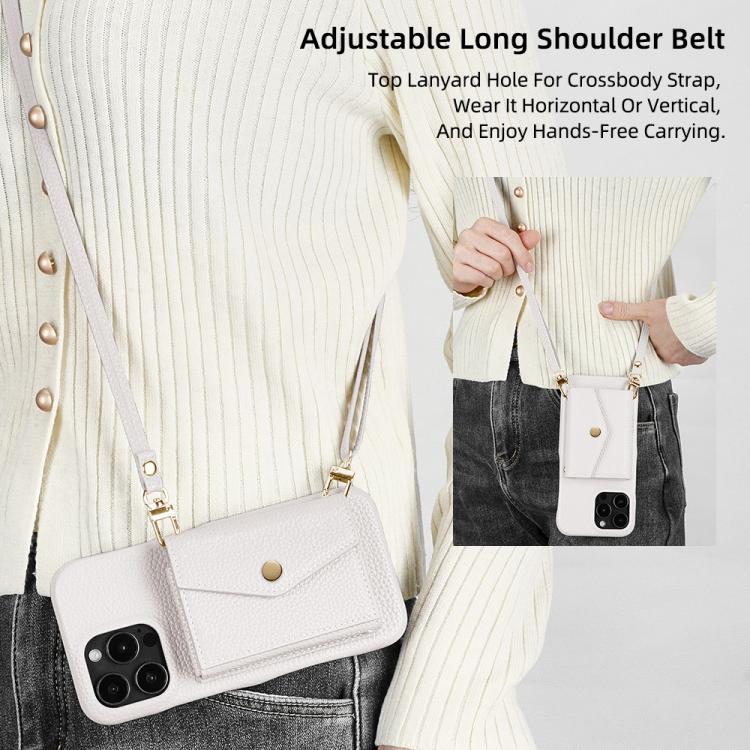 For iPhone 12 Pro Max Litchi Texture Horizontal Card Bag Holder Phone Case with Long Lanyard