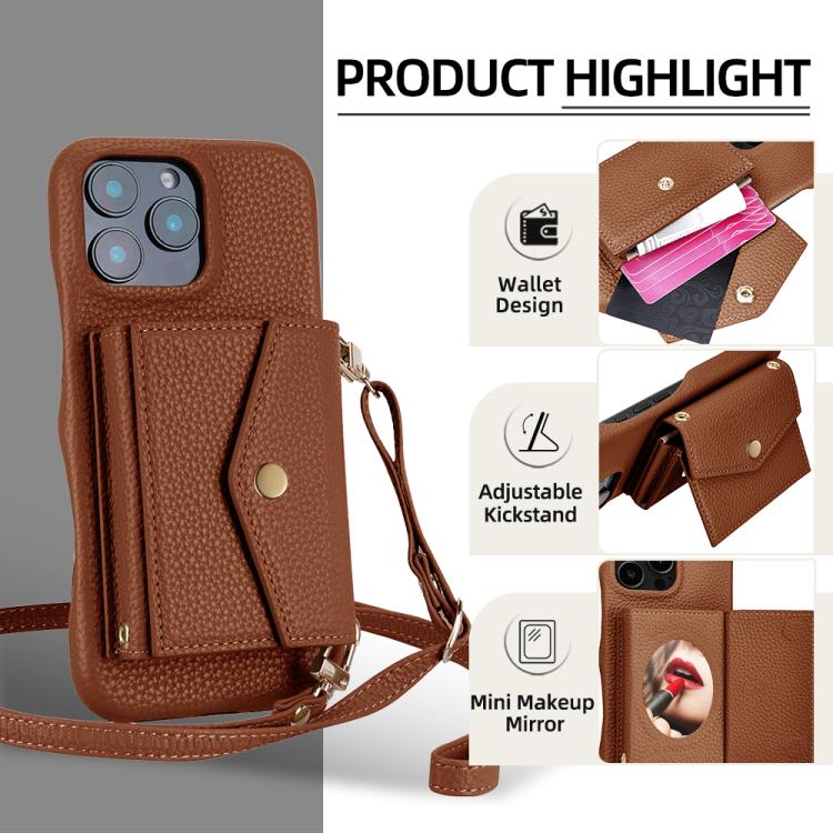 For iPhone 12 / 12 Pro Litchi Texture Horizontal Card Bag Holder Phone Case with Long Lanyard