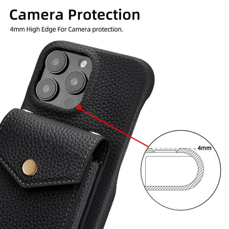 For iPhone 16 Pro Litchi Texture Vertical Card Bag Holder Phone Case with Long Lanyard