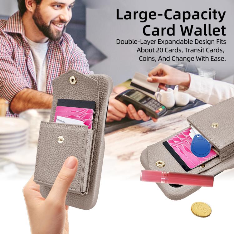 For iPhone 16 Pro Litchi Texture Vertical Card Bag Holder Phone Case with Long Lanyard