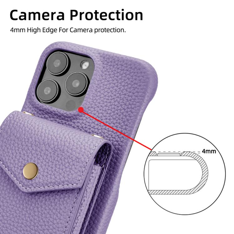 For iPhone 16 Pro Litchi Texture Vertical Card Bag Holder Phone Case with Long Lanyard