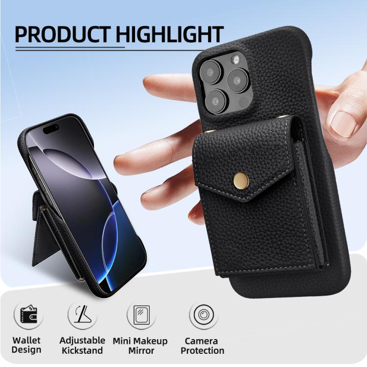 For iPhone 15 Pro Max Litchi Texture Vertical Card Bag Holder Phone Case with Long Lanyard