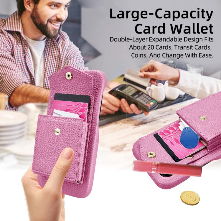For iPhone 15 Pro Litchi Texture Vertical Card Bag Holder Phone Case with Long Lanyard
