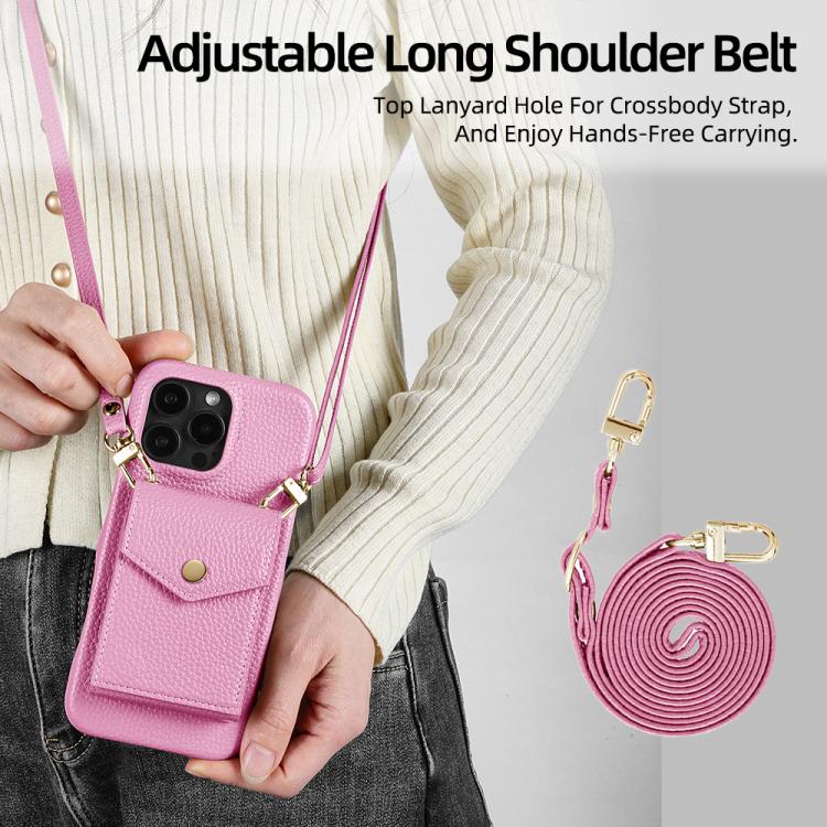 For iPhone 15 Pro Litchi Texture Vertical Card Bag Holder Phone Case with Long Lanyard
