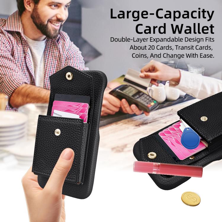 For iPhone 15 Plus Litchi Texture Vertical Card Bag Holder Phone Case with Long Lanyard