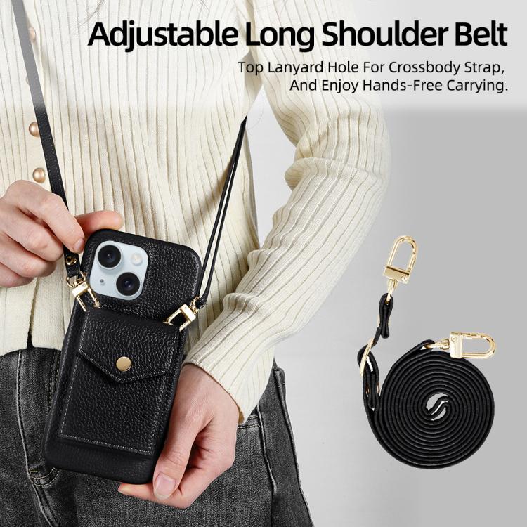 For iPhone 15 Plus Litchi Texture Vertical Card Bag Holder Phone Case with Long Lanyard