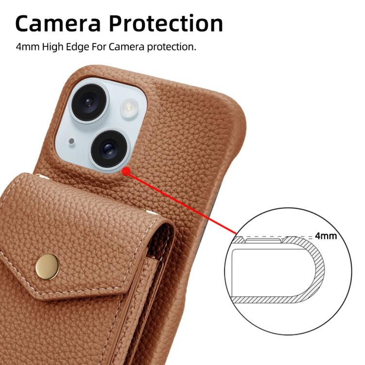 For iPhone 15 Plus Litchi Texture Vertical Card Bag Holder Phone Case with Long Lanyard