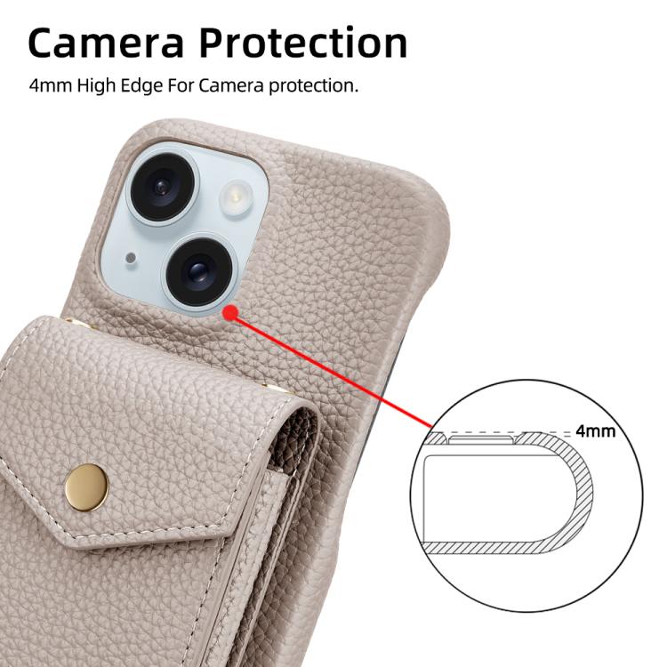 For iPhone 15 Plus Litchi Texture Vertical Card Bag Holder Phone Case with Long Lanyard