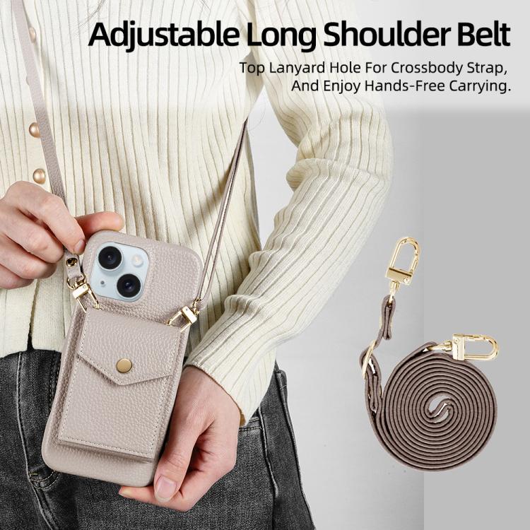 For iPhone 15 Plus Litchi Texture Vertical Card Bag Holder Phone Case with Long Lanyard