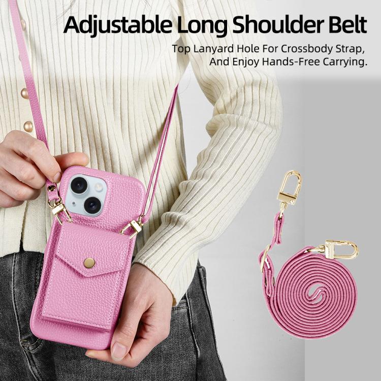 For iPhone 15 Plus Litchi Texture Vertical Card Bag Holder Phone Case with Long Lanyard