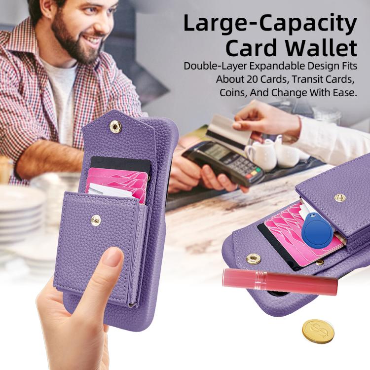 For iPhone 15 Plus Litchi Texture Vertical Card Bag Holder Phone Case with Long Lanyard