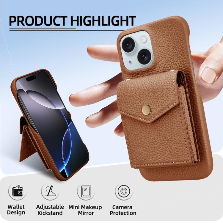 For iPhone 14 Plus Litchi Texture Vertical Card Bag Holder Phone Case with Long Lanyard