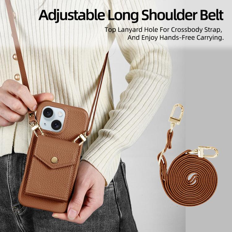 For iPhone 14 Plus Litchi Texture Vertical Card Bag Holder Phone Case with Long Lanyard