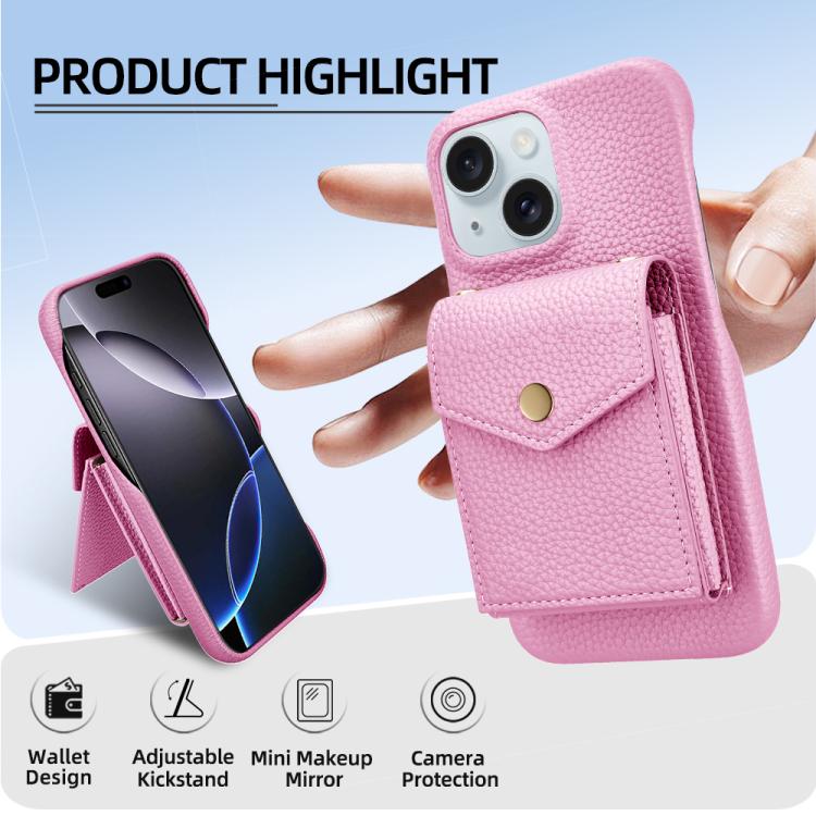 For iPhone 14 Plus Litchi Texture Vertical Card Bag Holder Phone Case with Long Lanyard