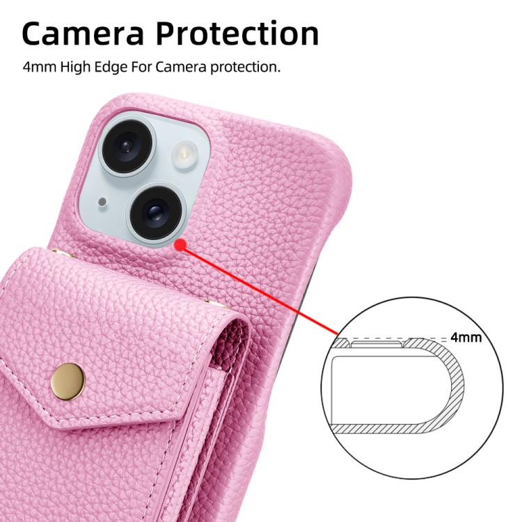 For iPhone 14 Plus Litchi Texture Vertical Card Bag Holder Phone Case with Long Lanyard