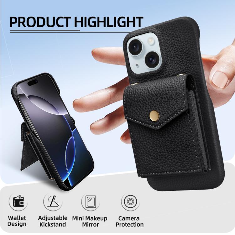 For iPhone 14 / 13 Litchi Texture Vertical Card Bag Holder Phone Case with Long Lanyard