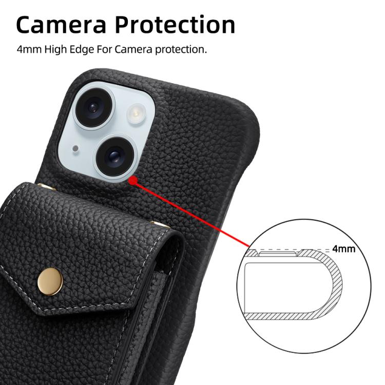 For iPhone 14 / 13 Litchi Texture Vertical Card Bag Holder Phone Case with Long Lanyard