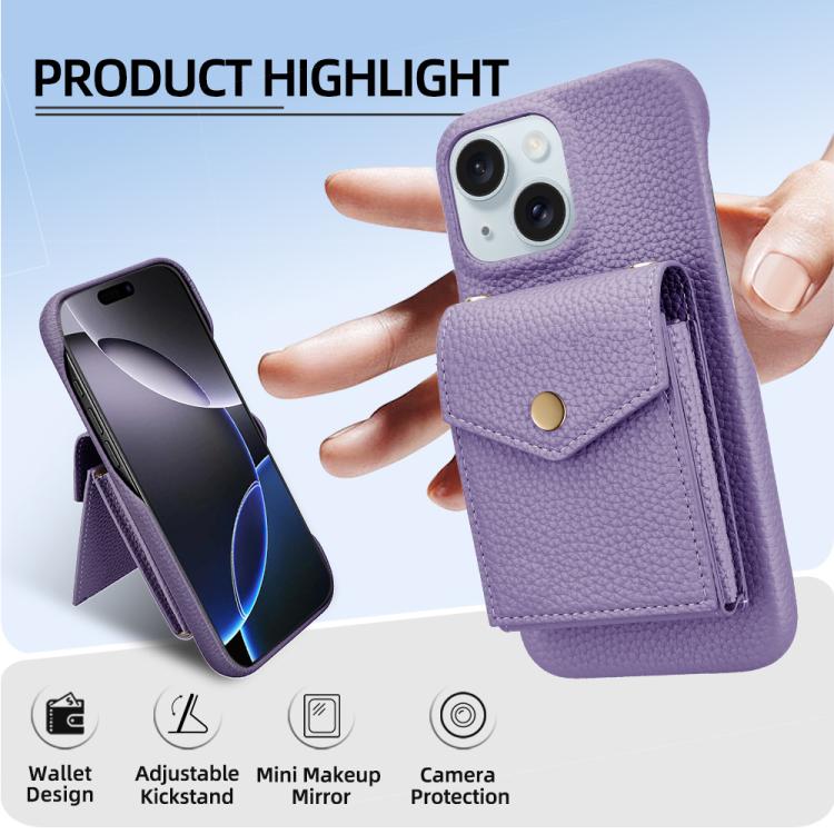 For iPhone 14 / 13 Litchi Texture Vertical Card Bag Holder Phone Case with Long Lanyard