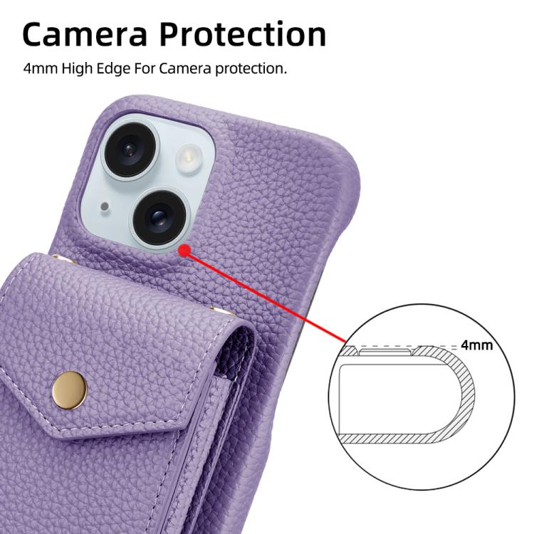 For iPhone 14 / 13 Litchi Texture Vertical Card Bag Holder Phone Case with Long Lanyard