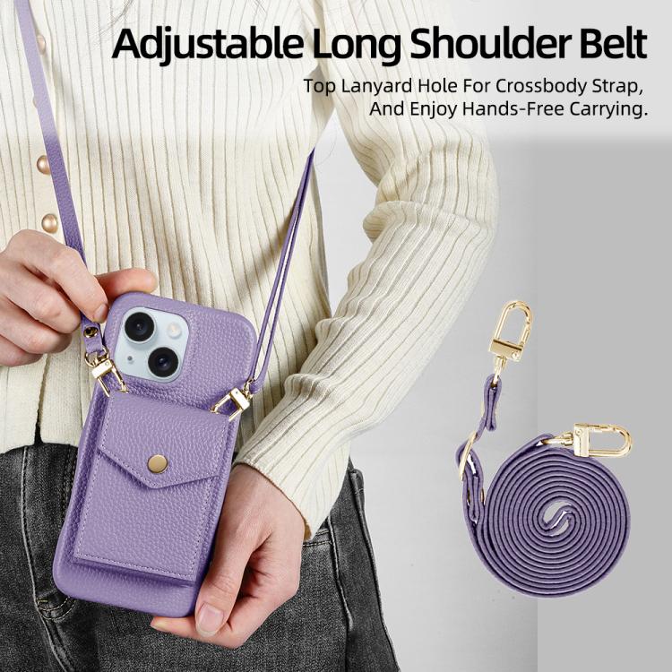 For iPhone 14 / 13 Litchi Texture Vertical Card Bag Holder Phone Case with Long Lanyard
