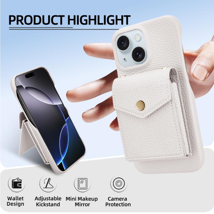 For iPhone 14 / 13 Litchi Texture Vertical Card Bag Holder Phone Case with Long Lanyard
