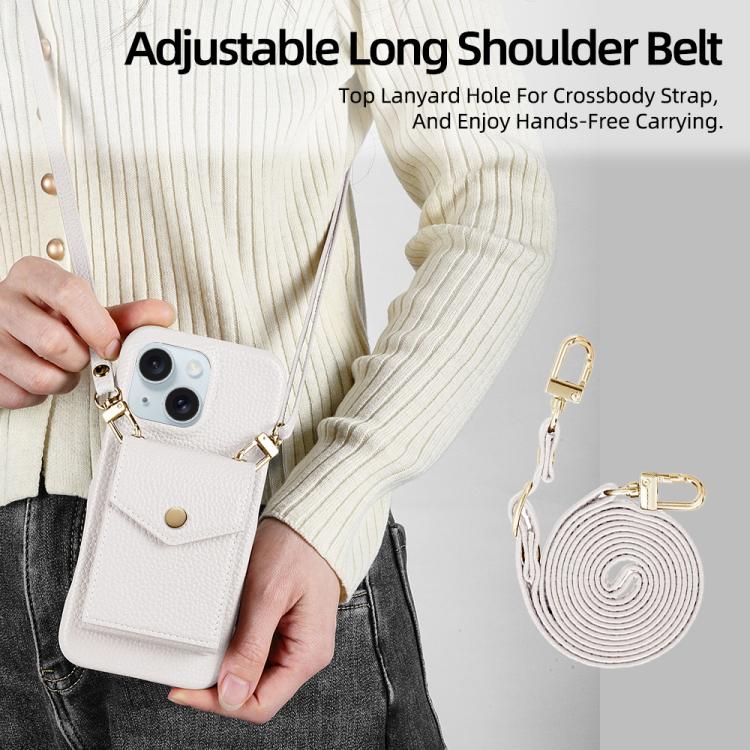 For iPhone 14 / 13 Litchi Texture Vertical Card Bag Holder Phone Case with Long Lanyard
