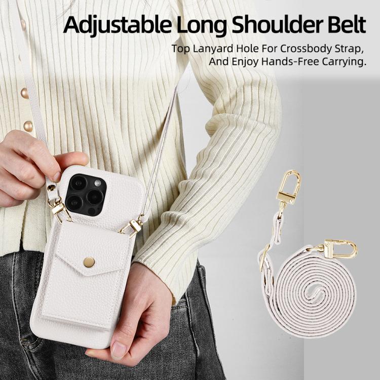 For iPhone 14 Pro Max Litchi Texture Vertical Card Bag Holder Phone Case with Long Lanyard