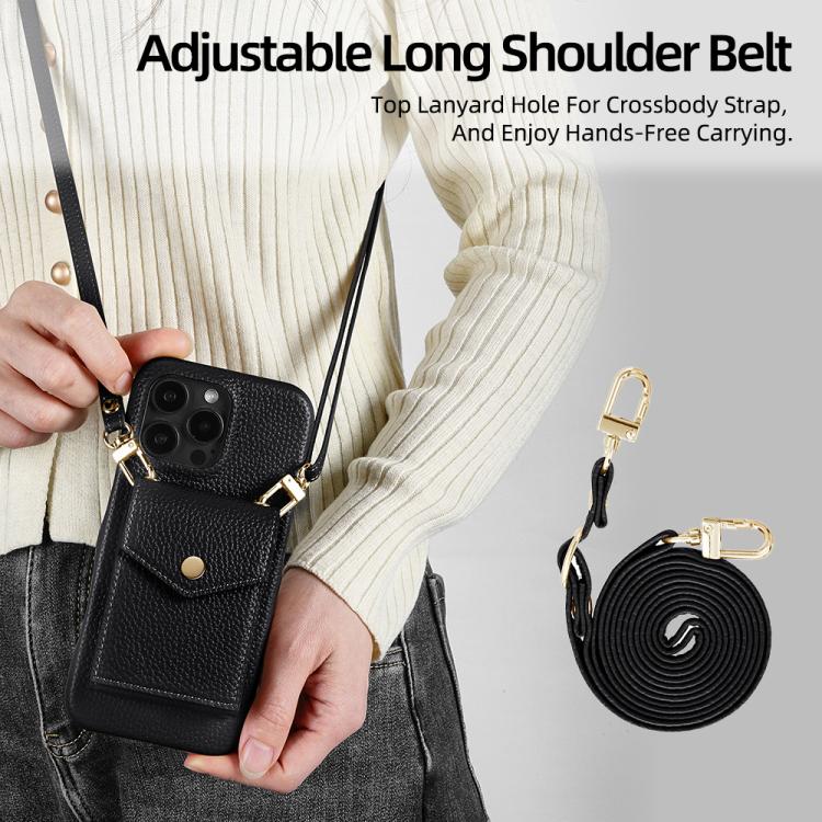 For iPhone 13 Pro Max Litchi Texture Vertical Card Bag Holder Phone Case with Long Lanyard