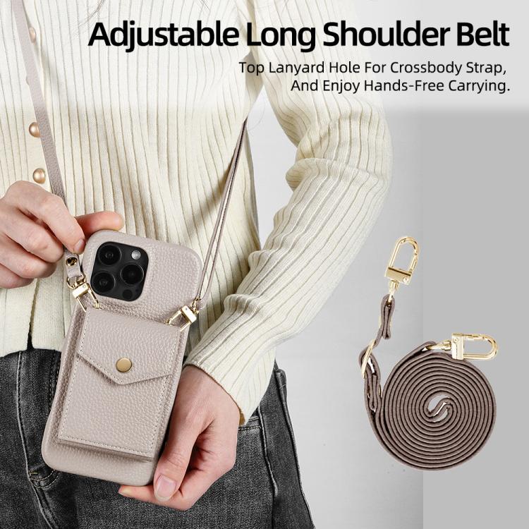 For iPhone 13 Pro Litchi Texture Vertical Card Bag Holder Phone Case with Long Lanyard