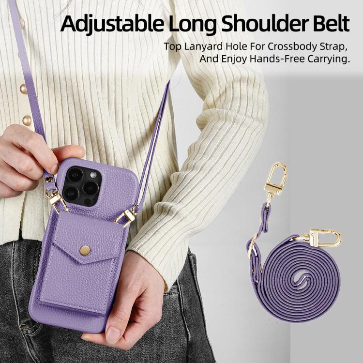 For iPhone 13 Pro Litchi Texture Vertical Card Bag Holder Phone Case with Long Lanyard