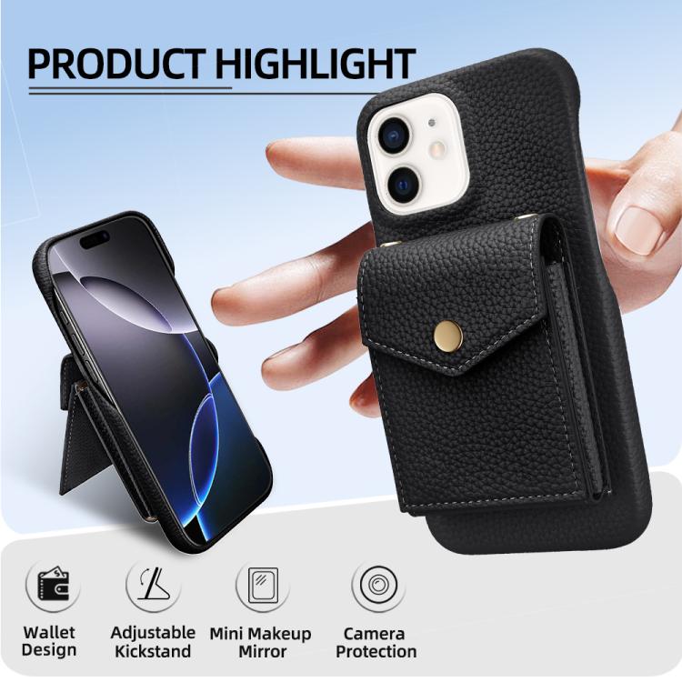 For iPhone 12 / 12 Pro Litchi Texture Vertical Card Bag Holder Phone Case with Long Lanyard