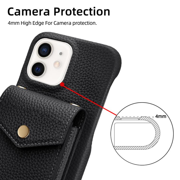 For iPhone 12 / 12 Pro Litchi Texture Vertical Card Bag Holder Phone Case with Long Lanyard