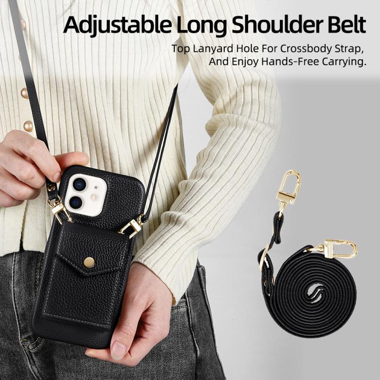 For iPhone 12 / 12 Pro Litchi Texture Vertical Card Bag Holder Phone Case with Long Lanyard