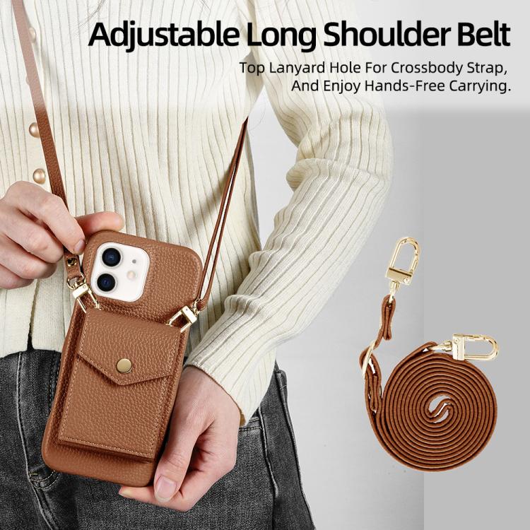 For iPhone 12 / 12 Pro Litchi Texture Vertical Card Bag Holder Phone Case with Long Lanyard
