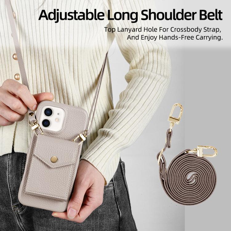 For iPhone 12 / 12 Pro Litchi Texture Vertical Card Bag Holder Phone Case with Long Lanyard